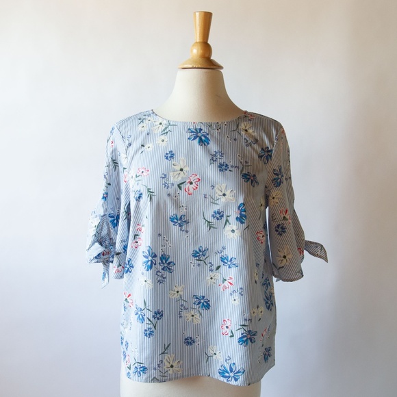 H&M Floral Striped Bow Tie Short Sleeves Spring Top - Picture 2 of 11